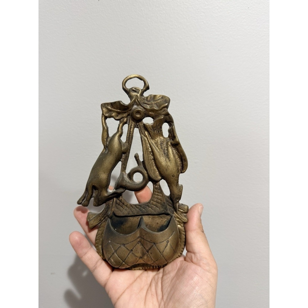 VINTAGE BRASS METAL MATCH HOLDER WALL MOUNT RABBIT & PHEASANT 8.5 X 5.5 INCHES